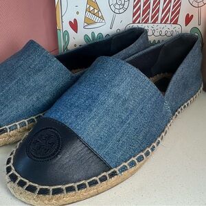 Tory Burch Denim Blue Espadrilles with Black Toe